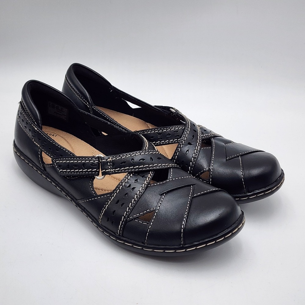 Clarks Women's 8 Black Leather‎ Ashland Spin Loafers Cutout Mary Jane Flats NWOT